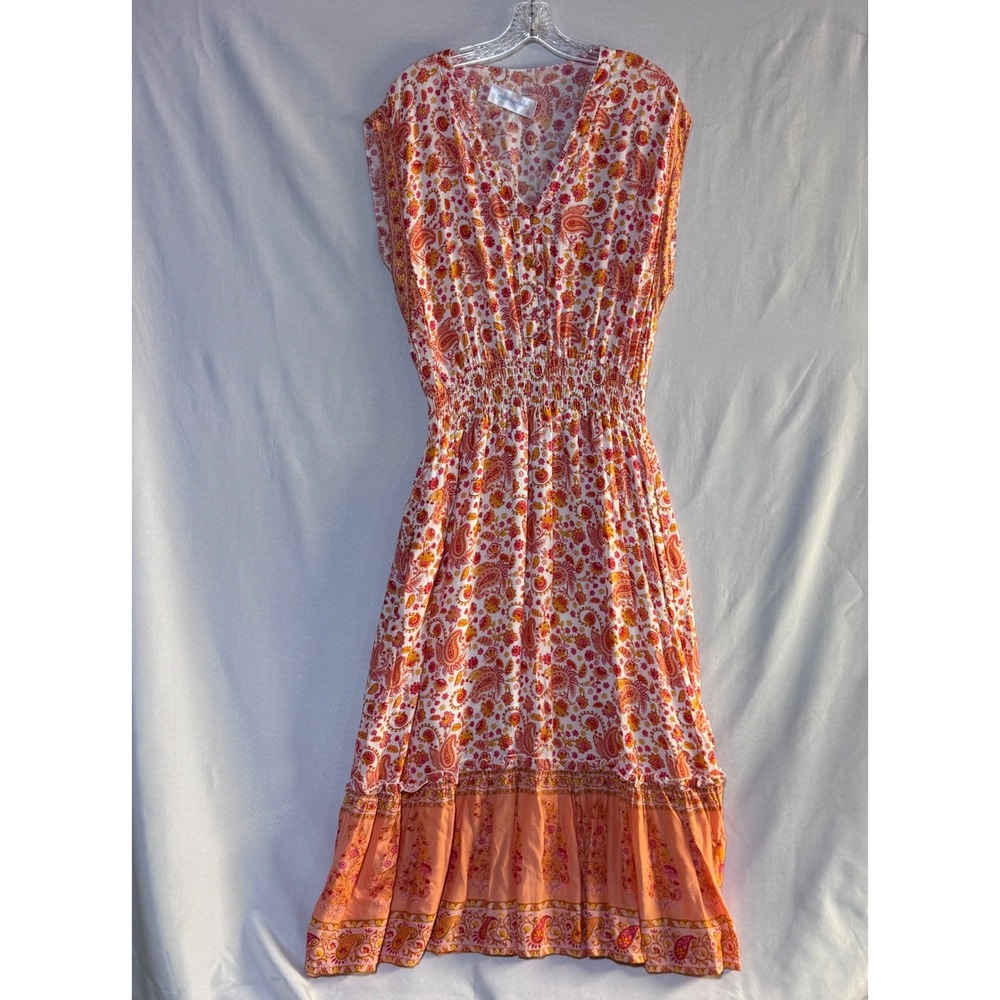 Anthro Walker Wade Paisley Maxi Dress Women Lg. Orange Pink Boho Resort Smocked